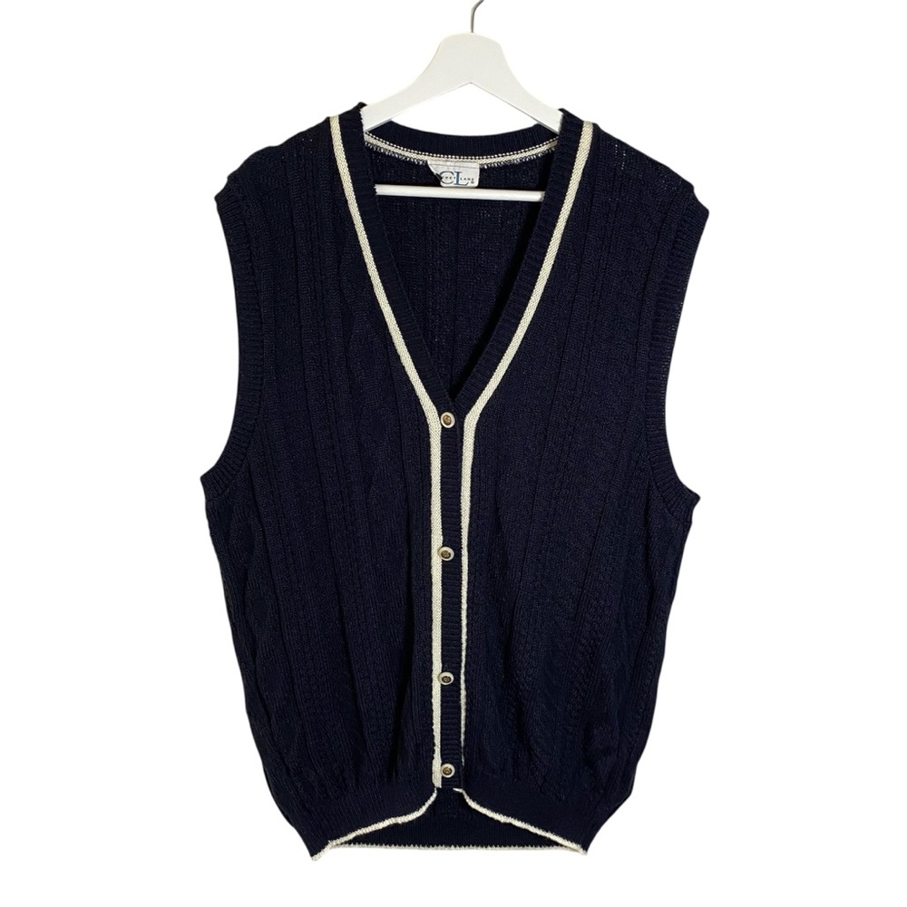90s Vintage Cricket Lane Navy Knit Button-Up Vest L/XL Preppy Academia Retro